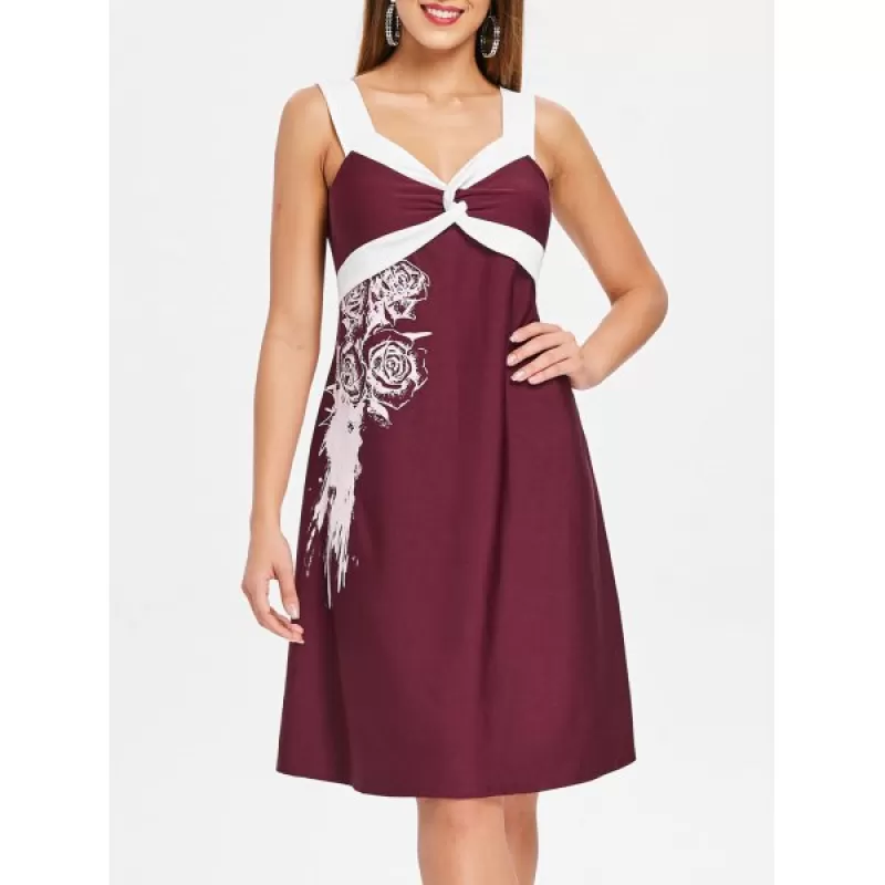 Color Block Rose Pattern Dress - Red Wine