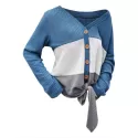Color Block Self-tie Button Up Cardigan - Silk Blue
