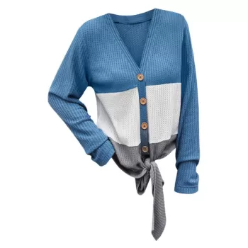 Color Block Self-tie Button Up Cardigan - Silk Blue