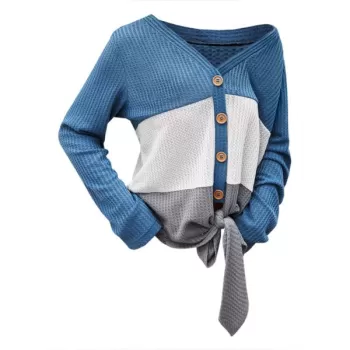 Color Block Self-tie Button Up Cardigan - Silk Blue
