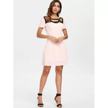 Color Block hort leeve Casual Dress - Light Pink