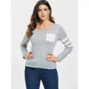 Color Block triped leeve Pocketed T-shirt - Gray