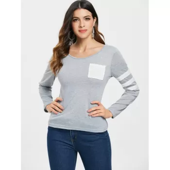 Color Block triped leeve Pocketed T-shirt - Gray