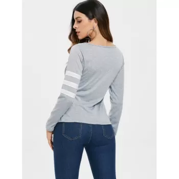 Color Block triped leeve Pocketed T-shirt - Gray