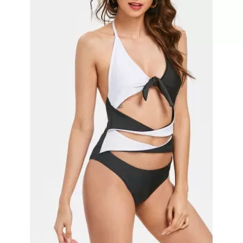 Color Contrast One-piece Halter Neckline Swimwear - White And Black