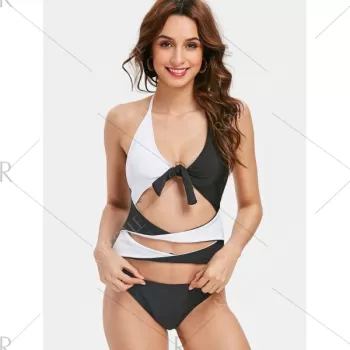 Color Contrast One-piece Halter Neckline Swimwear - White And Black