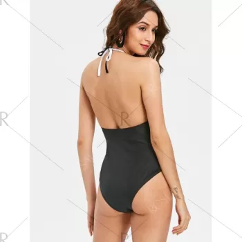 Color Contrast One-piece Halter Neckline Swimwear - White And Black