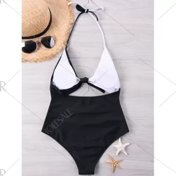 Color Contrast One-piece Halter Neckline Swimwear - White And Black