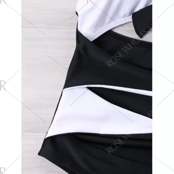 Color Contrast One-piece Halter Neckline Swimwear - White And Black