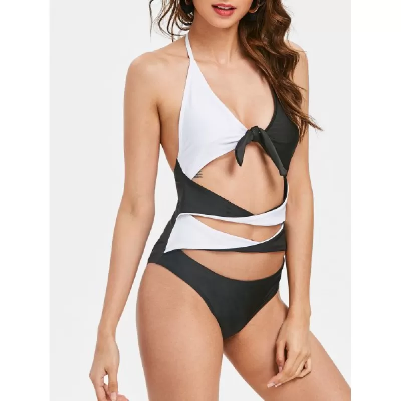Color Contrast One-piece Halter Neckline Swimwear - White And Black