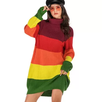 Colorblock Turtleneck Mini Sweater Dress -