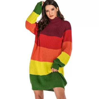 Colorblock Turtleneck Mini Sweater Dress -