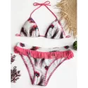 Colorful Bird Feathers Print Halter Bikini uit - White
