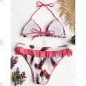 Colorful Bird Feathers Print Halter Bikini uit - White