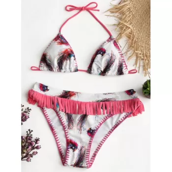 Colorful Bird Feathers Print Halter Bikini uit - White