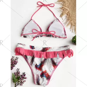 Colorful Bird Feathers Print Halter Bikini uit - White