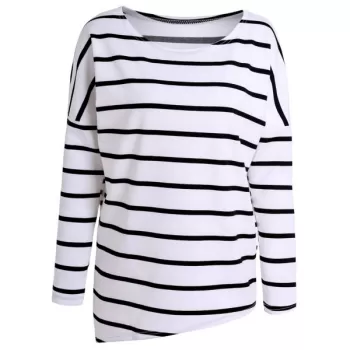 Concise Scoop Neck ong Sleeve Striped T-Shirt For Women - White And Black