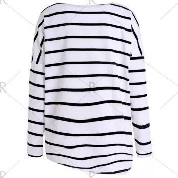 Concise Scoop Neck ong Sleeve Striped T-Shirt For Women - White And Black