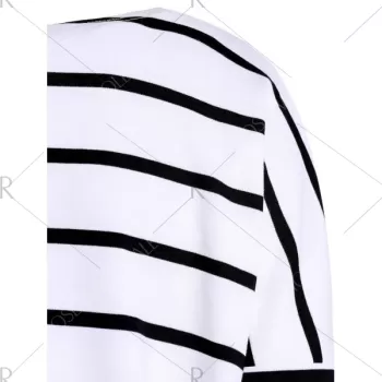 Concise Scoop Neck ong Sleeve Striped T-Shirt For Women - White And Black