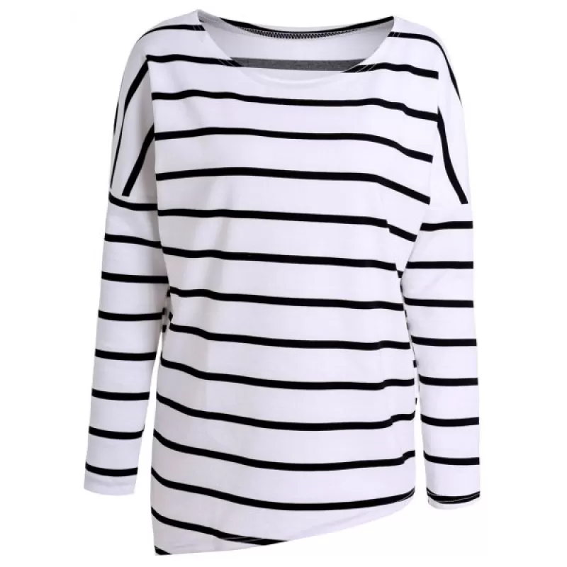 Concise Scoop Neck ong Sleeve Striped T-Shirt For Women - White And Black