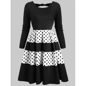 Contrast Polka Dot Back Cut Out Dress - Black