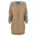 Contrast Topstitching Drawstring Longline Hoodie - Khaki