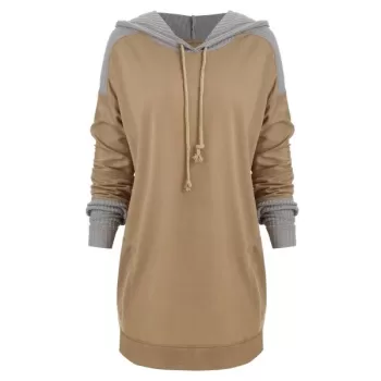 Contrast Topstitching Drawstring Longline Hoodie - Khaki