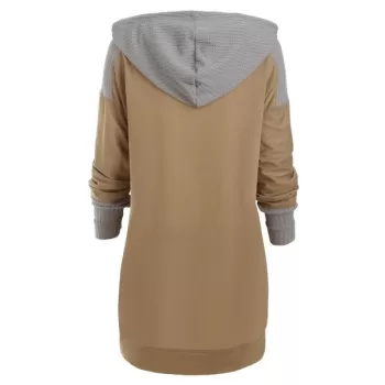 Contrast Topstitching Drawstring Longline Hoodie - Khaki