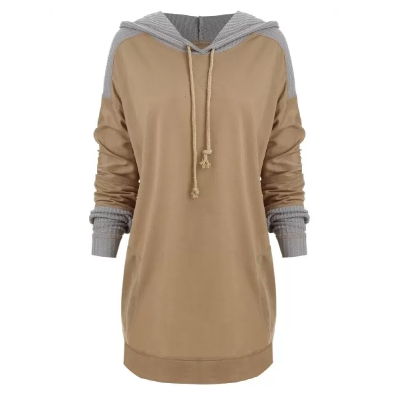 Contrast Topstitching Drawstring Longline Hoodie - Khaki