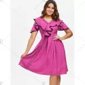 Contrast Trim Ruffle Cold houlder Dress - Rose Red