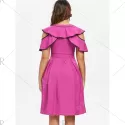 Contrast Trim Ruffle Cold houlder Dress - Rose Red