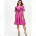 Contrast Trim Ruffle Cold houlder Dress - Rose Red