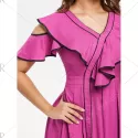 Contrast Trim Ruffle Cold houlder Dress - Rose Red