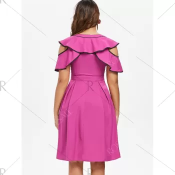 Contrast Trim Ruffle Cold houlder Dress - Rose Red
