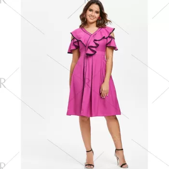 Contrast Trim Ruffle Cold houlder Dress - Rose Red