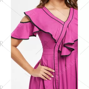 Contrast Trim Ruffle Cold houlder Dress - Rose Red