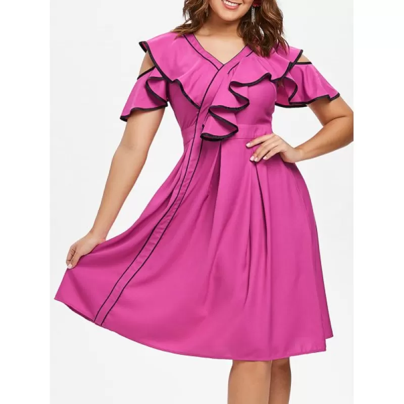 Contrast Trim Ruffle Cold houlder Dress - Rose Red
