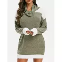 Cowl Neck Faux Fur Trim Heathered Knitted Dress - Camouflage Green