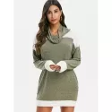 Cowl Neck Faux Fur Trim Heathered Knitted Dress - Camouflage Green