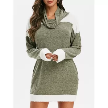Cowl Neck Faux Fur Trim Heathered Knitted Dress - Camouflage Green
