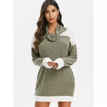 Cowl Neck Faux Fur Trim Heathered Knitted Dress - Camouflage Green