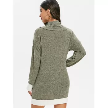 Cowl Neck Faux Fur Trim Heathered Knitted Dress - Camouflage Green