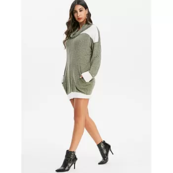 Cowl Neck Faux Fur Trim Heathered Knitted Dress - Camouflage Green