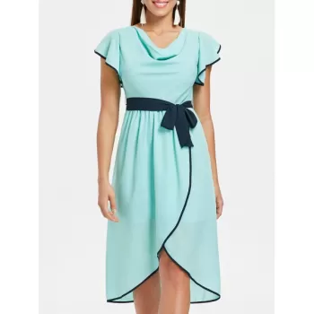 Cowl Neck High Waist Chiffon Tulip Dress - Blue Green
