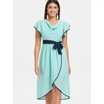 Cowl Neck High Waist Chiffon Tulip Dress - Blue Green