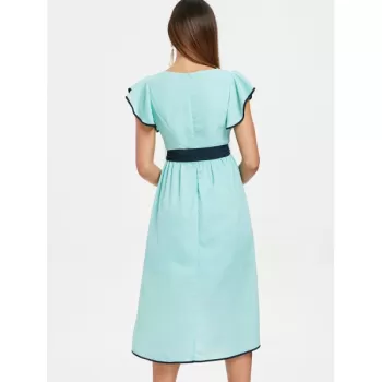 Cowl Neck High Waist Chiffon Tulip Dress - Blue Green
