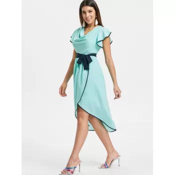 Cowl Neck High Waist Chiffon Tulip Dress - Blue Green