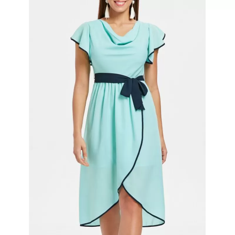 Cowl Neck High Waist Chiffon Tulip Dress - Blue Green