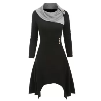 Cowl Neck ock Button Knitted idi Dress - Black