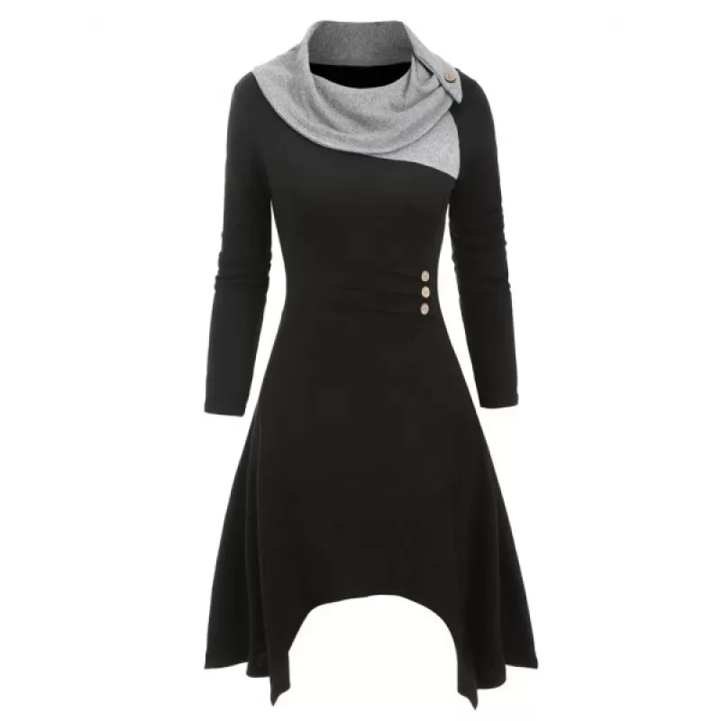 Cowl Neck ock Button Knitted idi Dress - Black